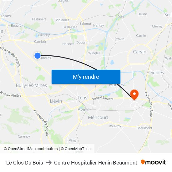 Le Clos Du Bois to Centre Hospitalier Hénin Beaumont map
