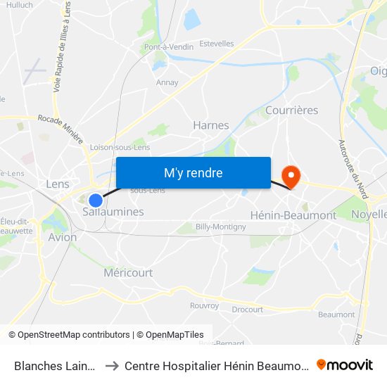 Blanches Laines to Centre Hospitalier Hénin Beaumont map