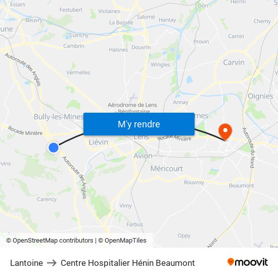 Lantoine to Centre Hospitalier Hénin Beaumont map
