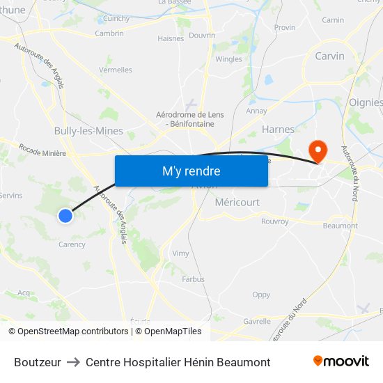 Boutzeur to Centre Hospitalier Hénin Beaumont map