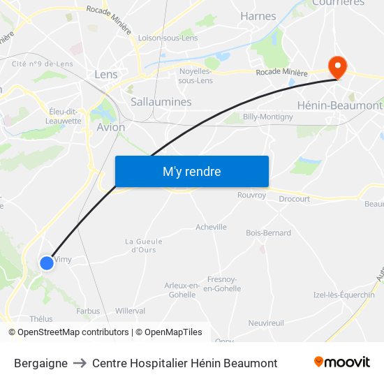 Bergaigne to Centre Hospitalier Hénin Beaumont map