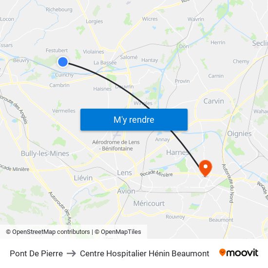 Pont De Pierre to Centre Hospitalier Hénin Beaumont map