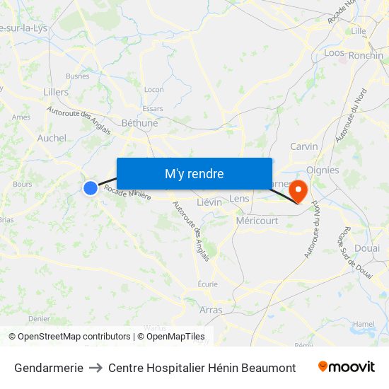 Gendarmerie to Centre Hospitalier Hénin Beaumont map