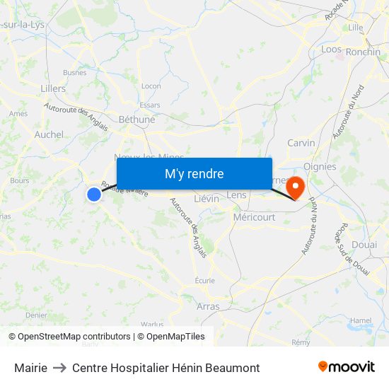 Mairie to Centre Hospitalier Hénin Beaumont map