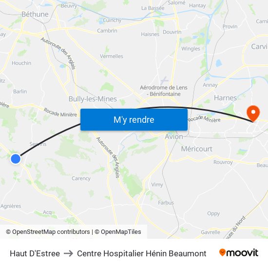 Haut D'Estree to Centre Hospitalier Hénin Beaumont map