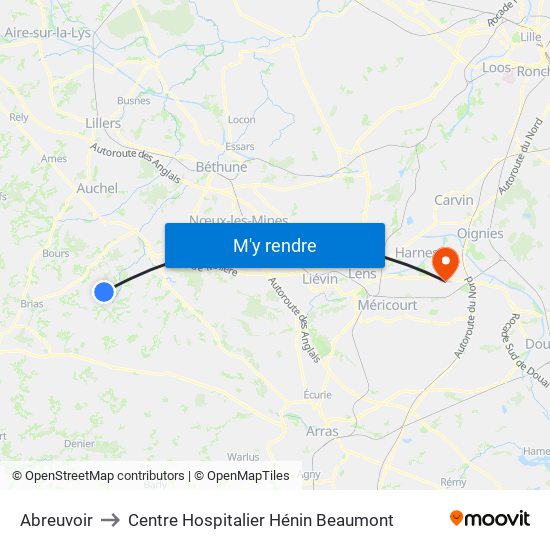 Abreuvoir to Centre Hospitalier Hénin Beaumont map
