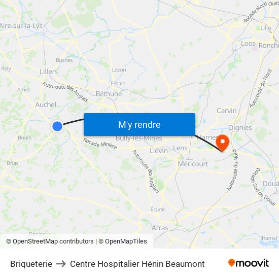 Briqueterie to Centre Hospitalier Hénin Beaumont map