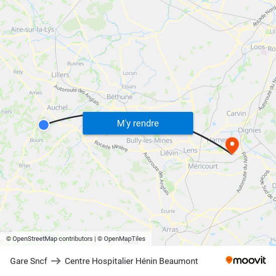 Gare Sncf to Centre Hospitalier Hénin Beaumont map