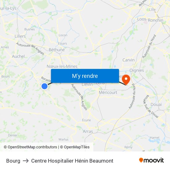 Bourg to Centre Hospitalier Hénin Beaumont map