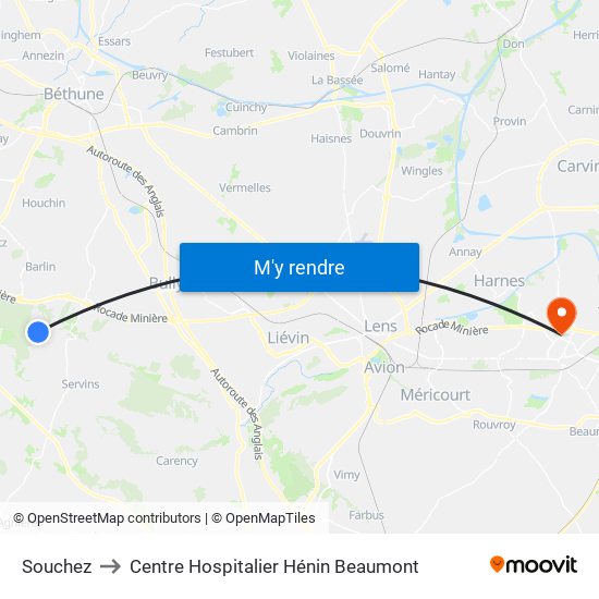 Souchez to Centre Hospitalier Hénin Beaumont map