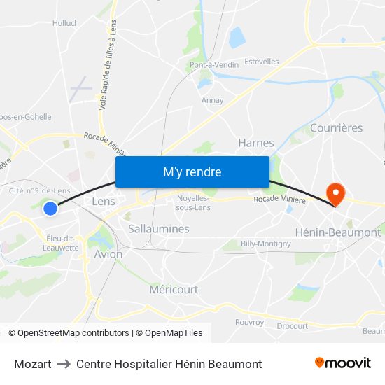 Mozart to Centre Hospitalier Hénin Beaumont map