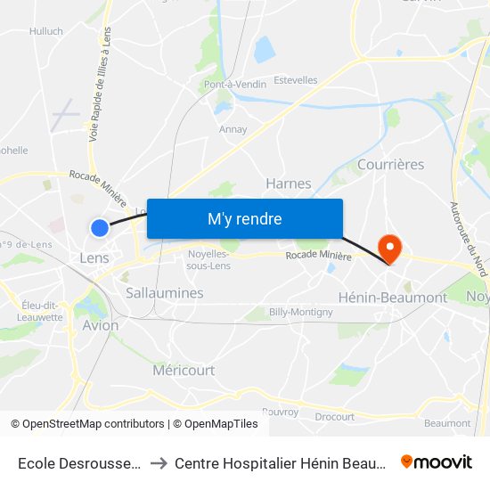 Ecole Desrousseaux to Centre Hospitalier Hénin Beaumont map