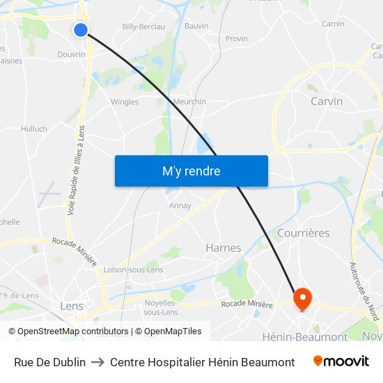 Rue De Dublin to Centre Hospitalier Hénin Beaumont map