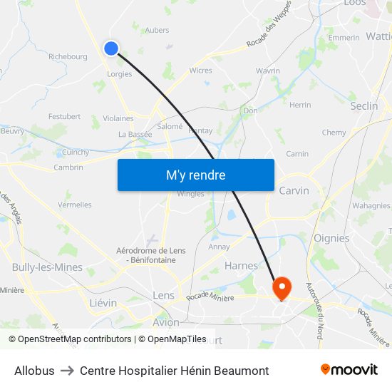 Allobus to Centre Hospitalier Hénin Beaumont map