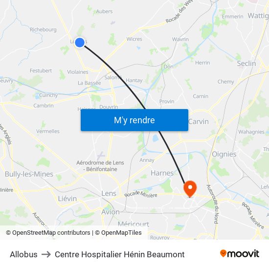 Allobus to Centre Hospitalier Hénin Beaumont map