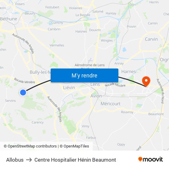 Allobus to Centre Hospitalier Hénin Beaumont map