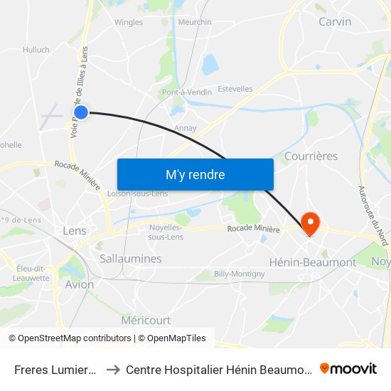 Freres Lumieres to Centre Hospitalier Hénin Beaumont map