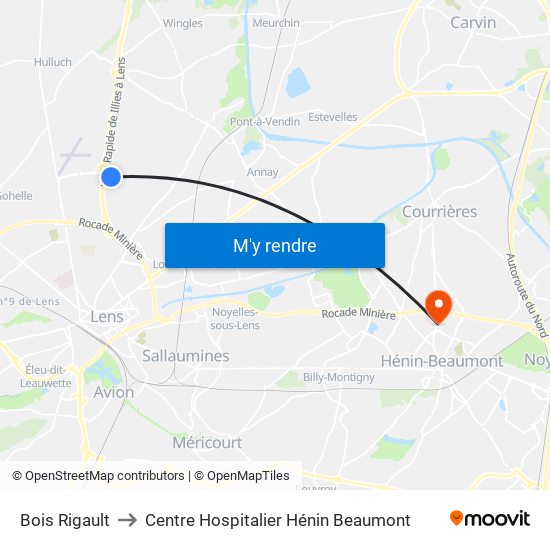 Bois Rigault to Centre Hospitalier Hénin Beaumont map