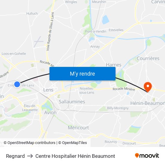 Regnard to Centre Hospitalier Hénin Beaumont map