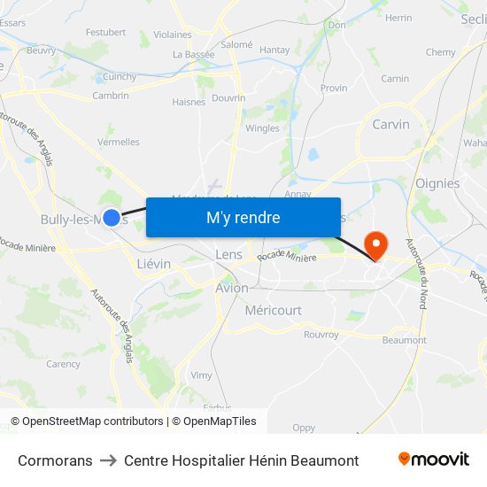 Cormorans to Centre Hospitalier Hénin Beaumont map
