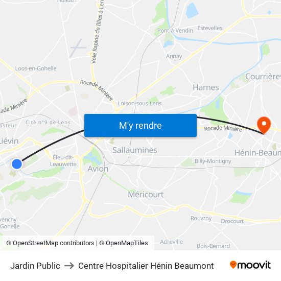 Jardin Public to Centre Hospitalier Hénin Beaumont map