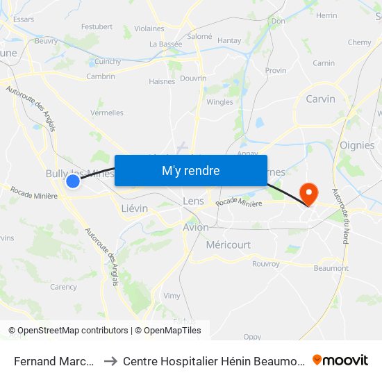 Fernand Marche to Centre Hospitalier Hénin Beaumont map