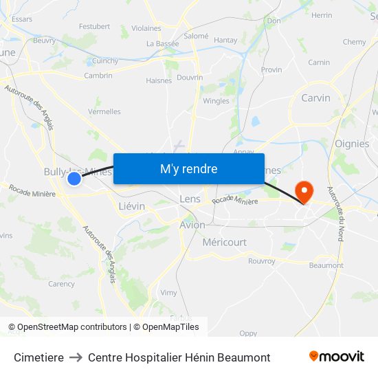 Cimetiere to Centre Hospitalier Hénin Beaumont map