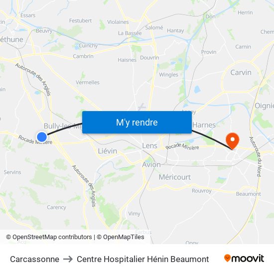 Carcassonne to Centre Hospitalier Hénin Beaumont map