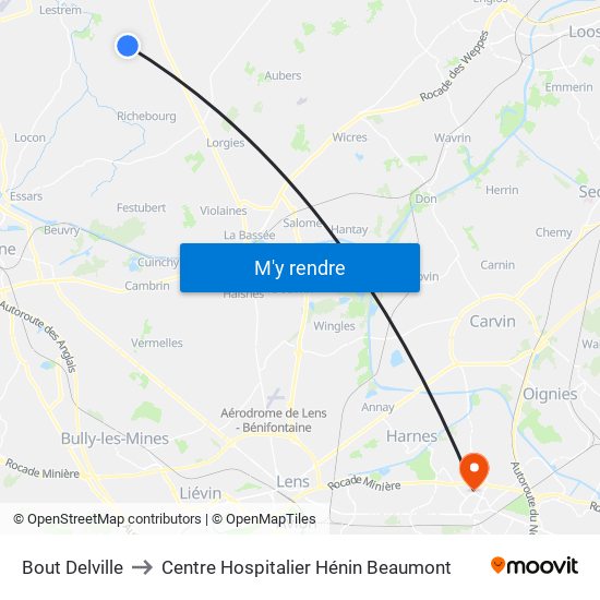 Bout Delville to Centre Hospitalier Hénin Beaumont map