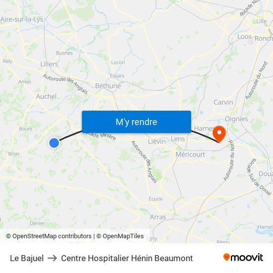 Le Bajuel to Centre Hospitalier Hénin Beaumont map