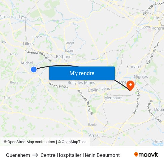 Quenehem to Centre Hospitalier Hénin Beaumont map