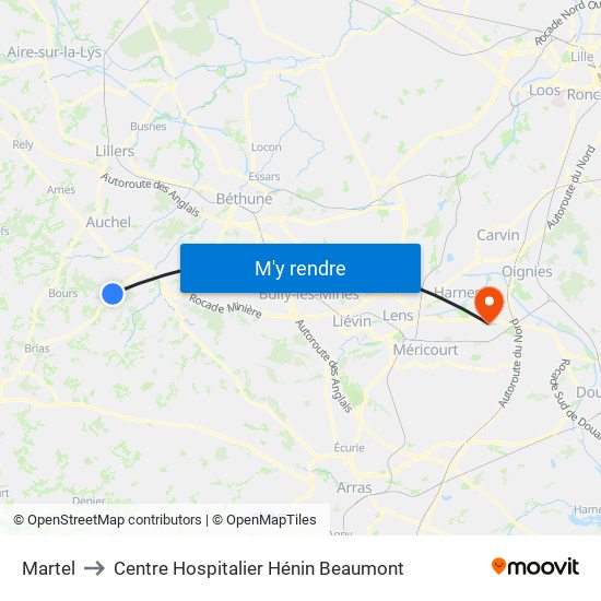 Martel to Centre Hospitalier Hénin Beaumont map