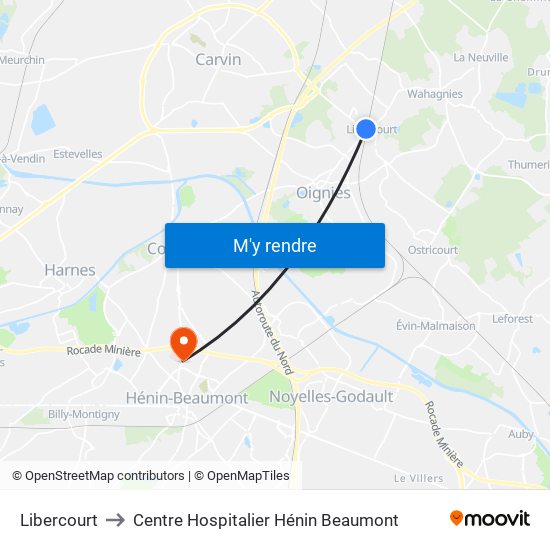 Libercourt to Centre Hospitalier Hénin Beaumont map