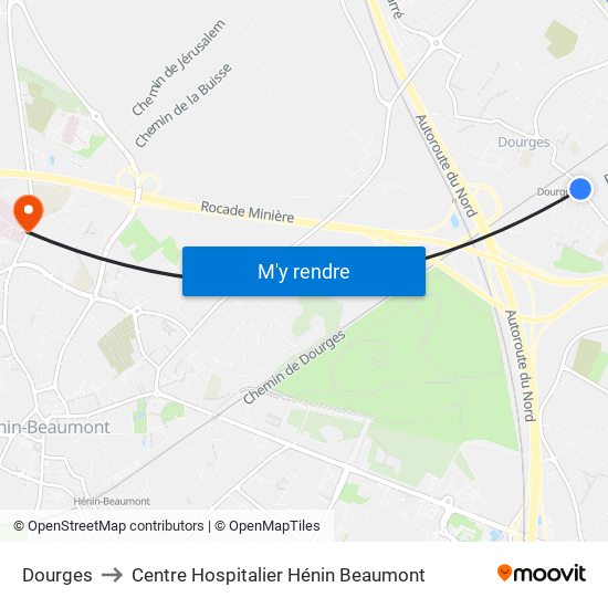 Dourges to Centre Hospitalier Hénin Beaumont map