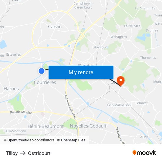 Tilloy to Ostricourt map