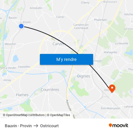 Bauvin - Provin to Ostricourt map