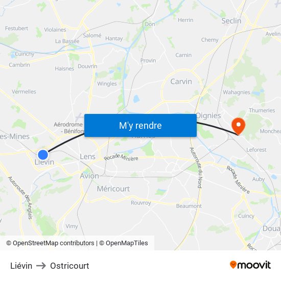 Liévin to Ostricourt map