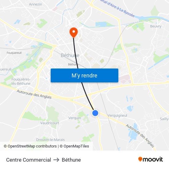 Centre Commercial to Béthune map