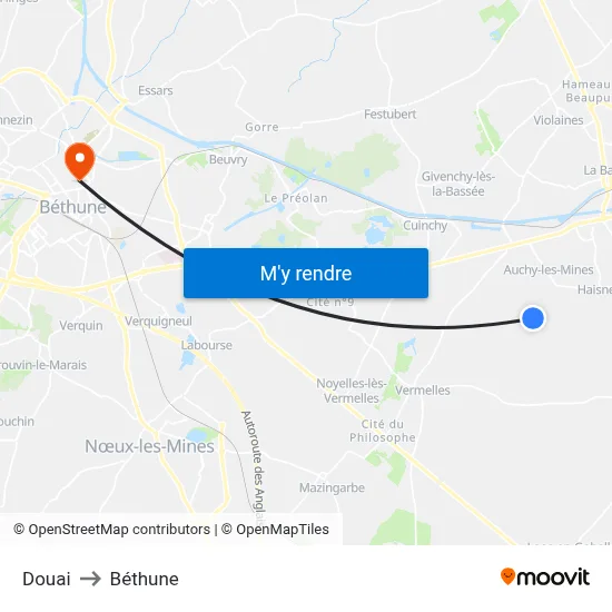 Douai to Béthune map