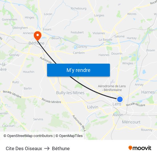Cite Des Oiseaux to Béthune map