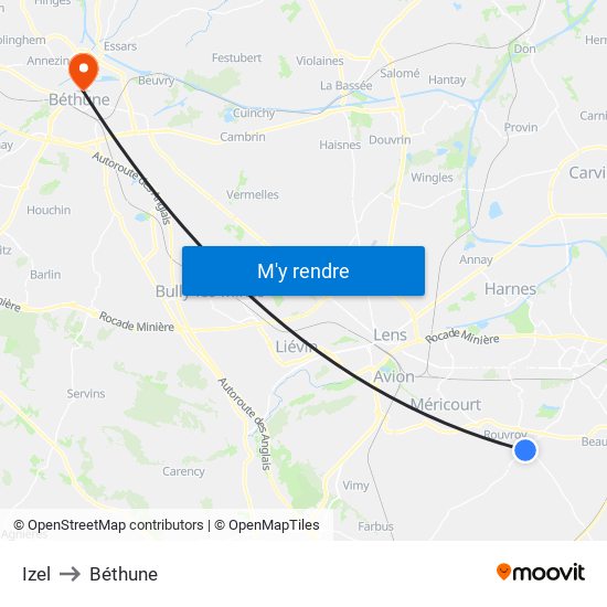 Izel to Béthune map