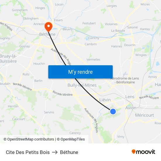 Cite Des Petits Bois to Béthune map