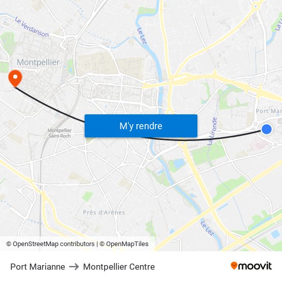 Port Marianne to Montpellier Centre map