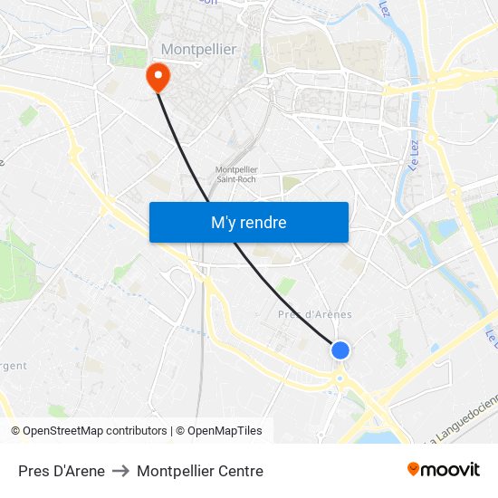 Pres D'Arene to Montpellier Centre map