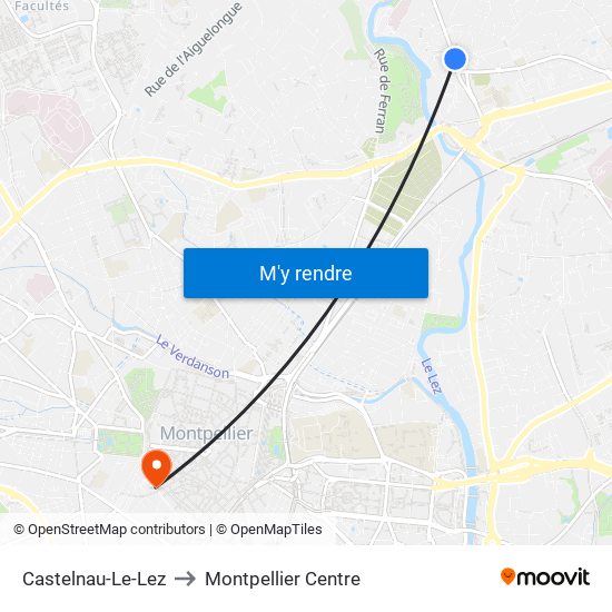 Castelnau-Le-Lez to Montpellier Centre map