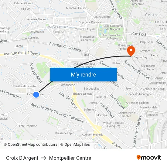 Croix D'Argent to Montpellier Centre map