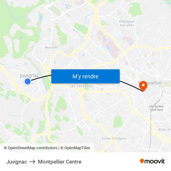 Juvignac to Montpellier Centre map