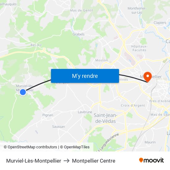Murviel-Lès-Montpellier to Montpellier Centre map