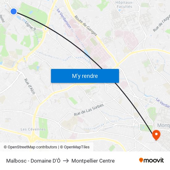 Malbosc - Domaine D'Ô to Montpellier Centre map