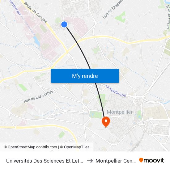 Universités Des Sciences Et Lettres to Montpellier Centre map